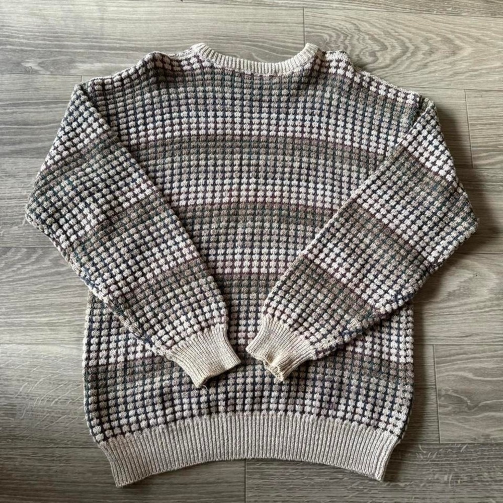 Vintage Striped Sweater Mens Large Tan Chunky Knit Vintage Grandpa - Picture 1 of 4